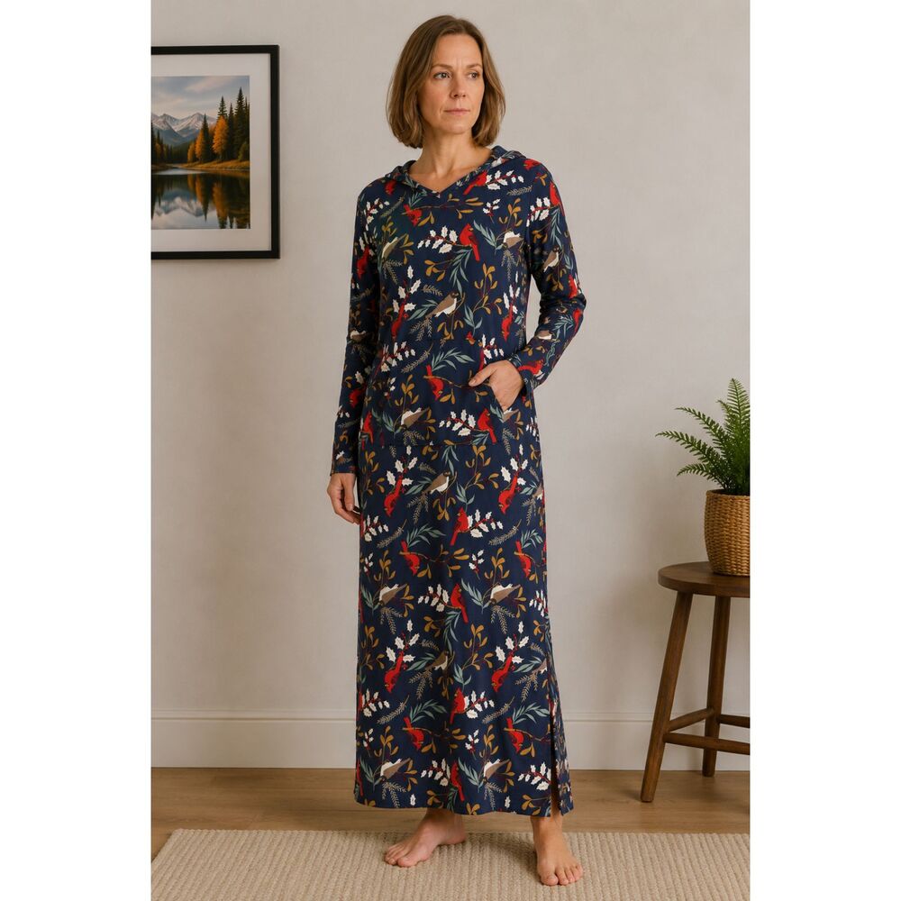 Comfort Code by Cuddl Duds Cardinal Bird Print Hooded Lounge Dress Size Medium